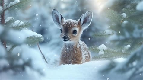 Premium AI Image | A baby deer in the snow with snow on the branches