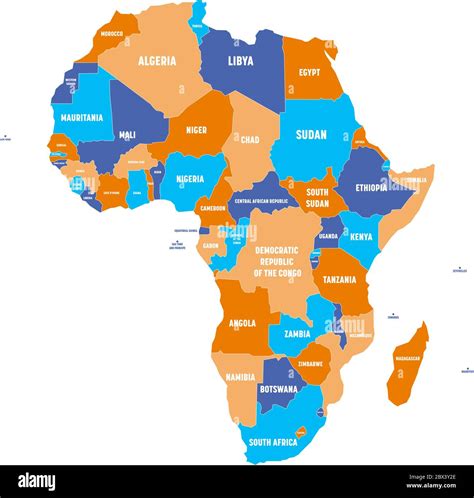 Multicolored political map of Africa continent with national borders and country name labels on ...