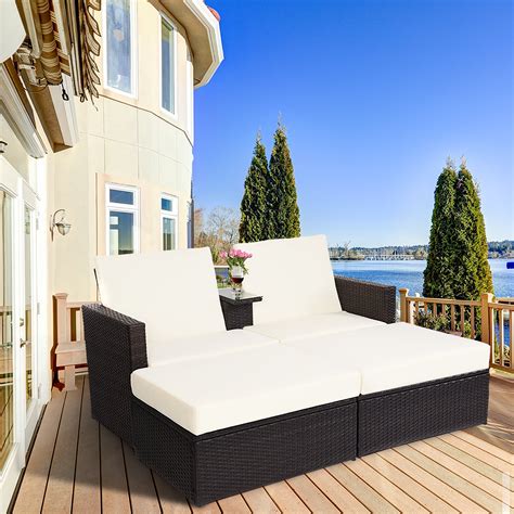 Double Lying Bed Chaise Lounge Chair Set Garden Rattan Wicker Outdoor Love Seat - Walmart.com ...