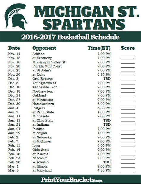 Michigan State Basketball Printable Schedule - Printable Schedule