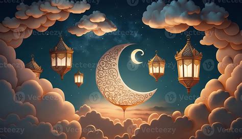 islamic illustration of a crescent moon and realistic clouds with traditional lanterns and ...