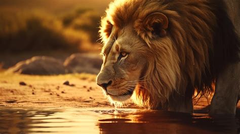 Premium AI Image | Lion drinking water slow motion animal picture Ai ...