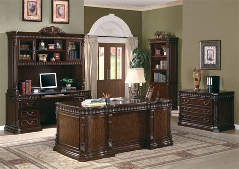 Traditional Carved Desk Furnishing - Elegant Wood Home Office Furniture Set in Dark Walnut Finish