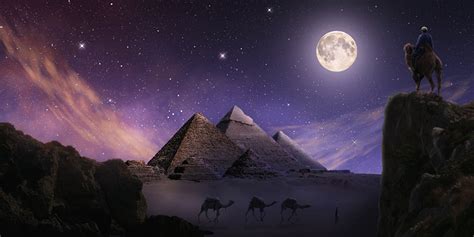 Images Camels Egypt Giza Crag Desert Fantasy Moon Pyramid Night