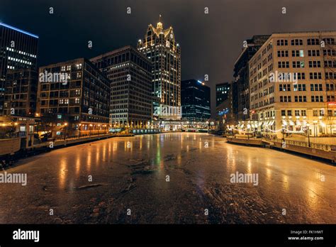 downtown Milwaukee night winter Stock Photo - Alamy