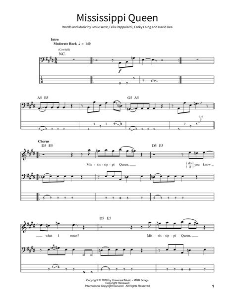 Mississippi Queen Sheet Music | Mountain | School of Rock – Bass Guitar