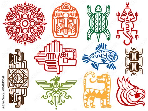 Colorful ancient mexican vector mythology symbols - american aztec, mayan culture native totem ...