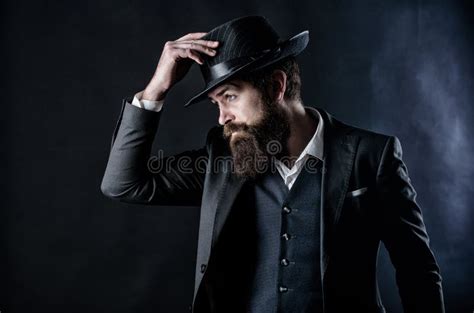 Businessman in Suit. Mafia Boss. in Hat Mature Hipster with Beard. Male Formal Fashion. Stylish ...