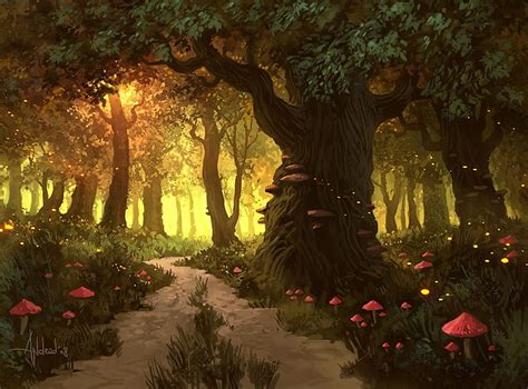 Forest, art, plant, woods, mushroom, abstract, tree, fantasy, anime, drawing, HD wallpaper | Peakpx