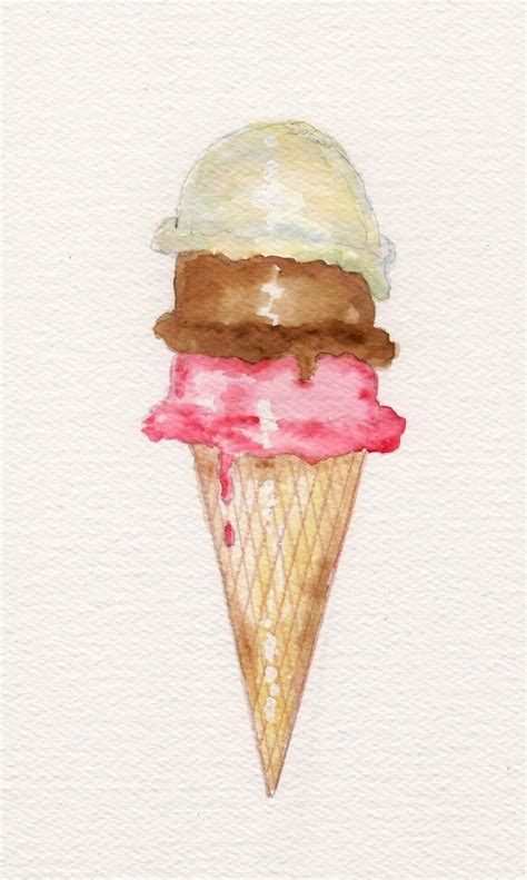 Ice Cream Cone Watercolor Print Dessert Painting Vanilla - Etsy