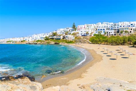 View of Beautiful Sea Bay with Beach in Naoussa Town, Paros Island ...