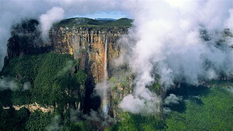 HD wallpaper: angel Falls, cliff, forest, natural, river, water ...