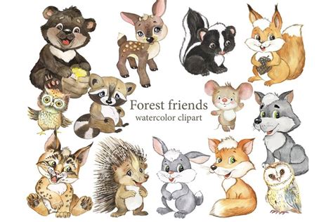 Forest animals Watercolor. Woodland, bear, fox, wol, rabbit