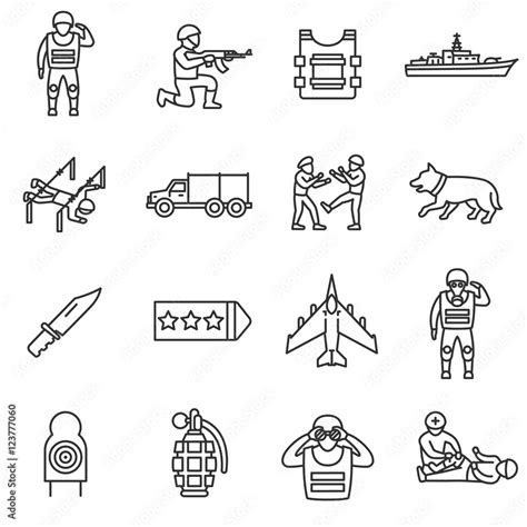 Army, line icons set. Military service, symbols collection. Servicemen. Training and preparation ...