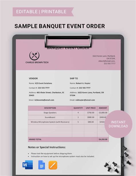 Banquet Event Order Template Word