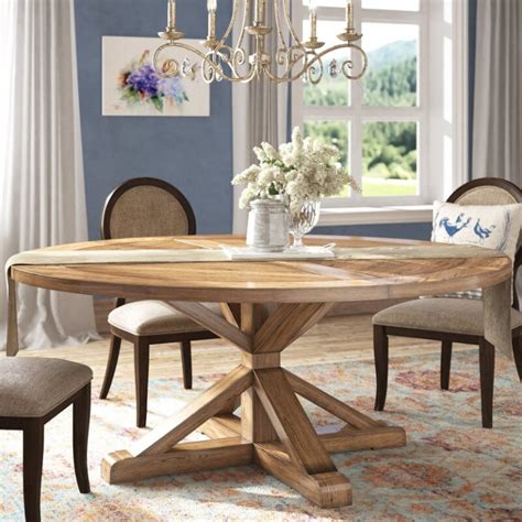 48 Inch Round Pedestal Dining Table Made From Solid Wood Farmhouse Style with Light Stain ...