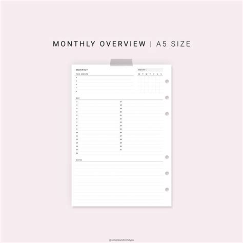 Monthly Overview Printable A5 Planner Inserts Month on a - Etsy | A5 planner inserts, A5 planner ...