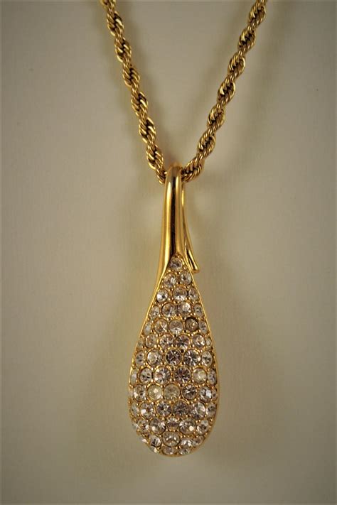 Vintage Swarovski Large Crystal Teardrop Pendant & Long Gold plated from cambridge-antiques on ...