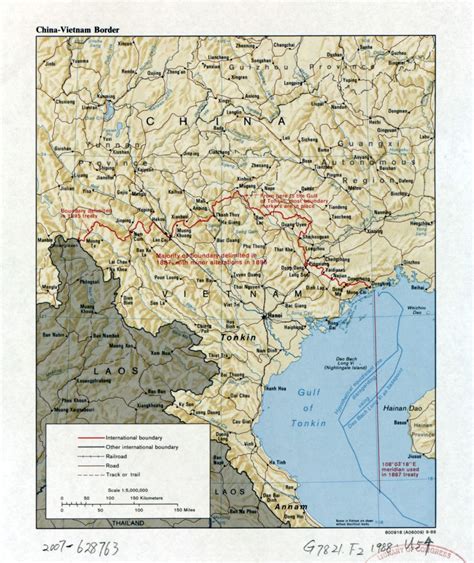 Large detailed China - Vietnam border map with relief, roads, railroads and major cities - 1988 ...