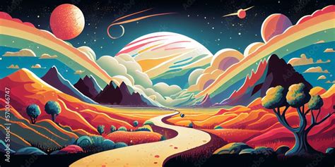 Colorful psychedelic landscape cartoon style wallpaper. 70s Hippie Clouds, Rainbows, sun, space ...