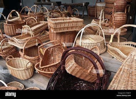 Various types and forms of baskets on display in Lielupes Ikskile area Latvia Stock Photo - Alamy