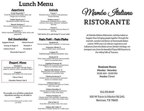 Online Menu of Mambo Italiano Ristorante, Bertram, TX