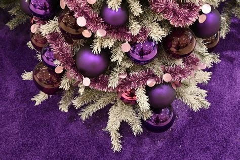 Holiday photo background of purple Christmas ornaments