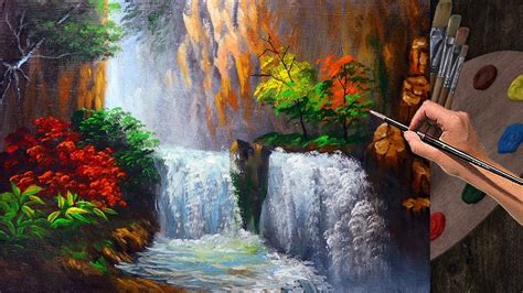 Basic Acrylic Painting Easy Waterfall in Hidden Landscape | Time-lapse ...