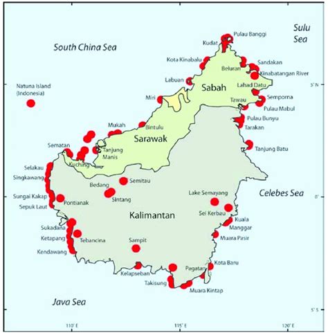 Map of Borneo showing the locations of landing sites and villages ...