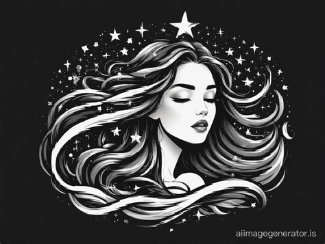 Elegant Woman Emblem with Flowing Hair and Mystical Stars Minimalist Black and White ...