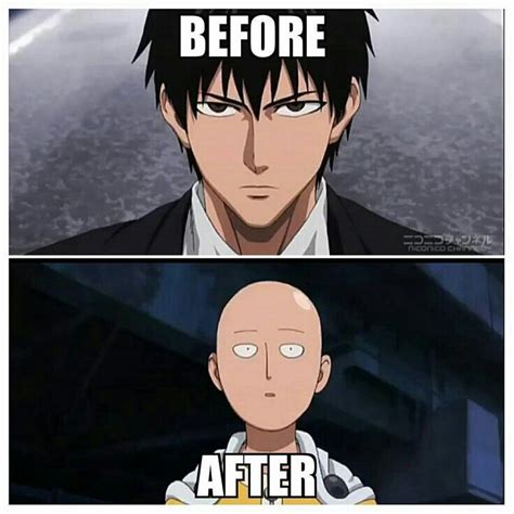 Before, after, text, funny, Saitama, hair, bald; One Punch Man | One punch man, One punch man ...