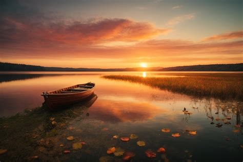 Premium AI Image | beautiful shot of a small lake with a wooden rowboat in focus and ...