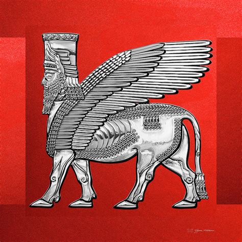 Assyrian Winged Bull - Silver Lamassu over Red Canvas Digital Art by ...