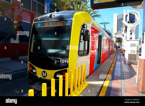 Downtown Long Beach Metro Station with Blue Line Metro Rail Train from Los Angeles to Long Beach ...