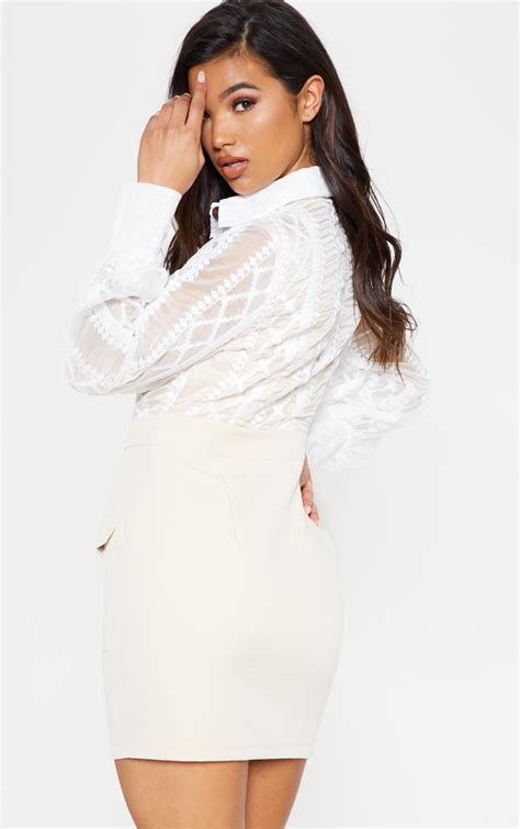 White Lace Button Up Bodycon Dress | PrettyLittleThing CA