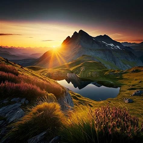 Breathtaking Sunrise Over the High Mountains of the Alps, Generative Ai Stock Illustration ...