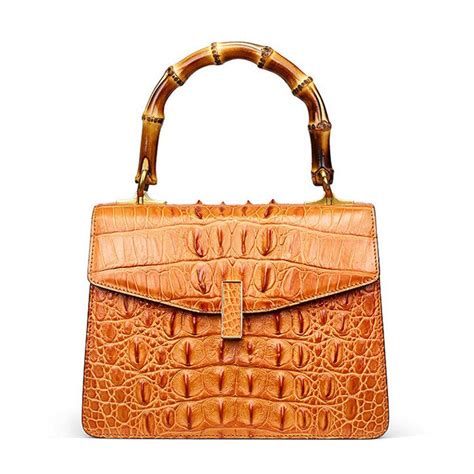 Crocodile Skin Shoulder Bag Crossbody Bag Handbag with Bamboo Handle ...