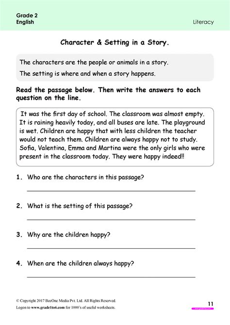 Identifying Story Setting Worksheets