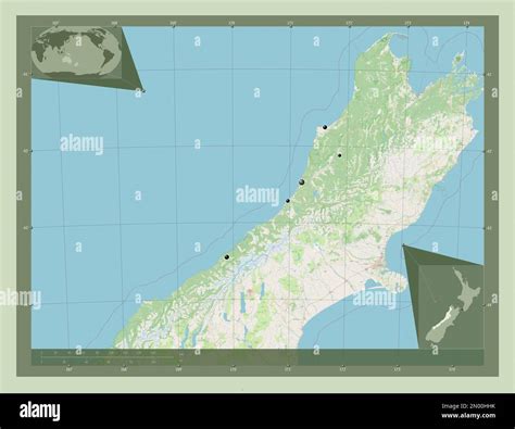 West Coast, regional council of New Zealand. Open Street Map. Locations of major cities of the ...