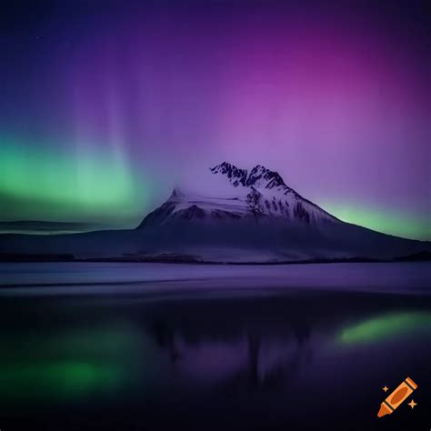 Northern lights iceland with a snowy mountain at the back with colors combining with gray and black