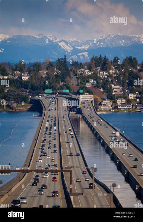 I-90 floating bridge in Seattle, crossing Lake Washington Stock Photo, Royalty Free Image ...