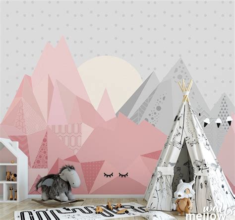 Pastel Mountain Wallpaper in Pink Wallpapers Woodland Wall - Etsy