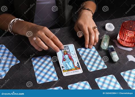 Fortune Teller Predicting Future on Spread of Tarot Cards at Grey Table ...