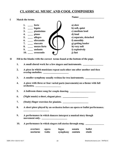 Classical Music and Cool Composers: Test - WORKSHEET - Grades 6 to 8 ...