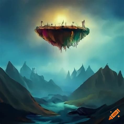 Detailed colorful fantasy sci-fi concept art of a floating island landscape with forests and ...