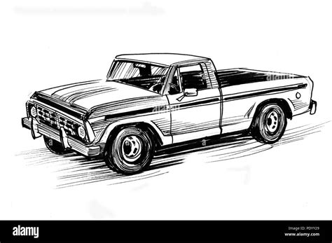 American vintage truck. Ink black and white illustration Stock Photo - Alamy