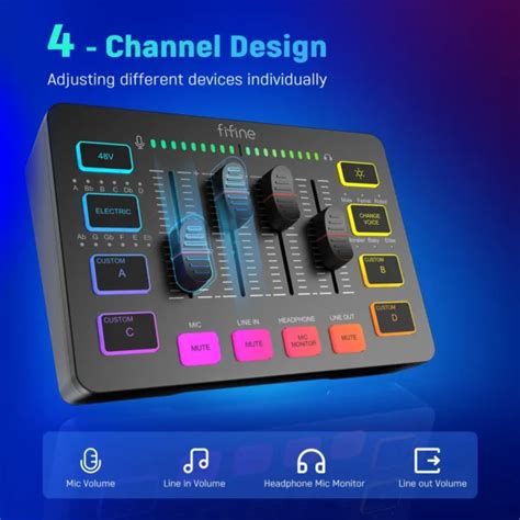 FIFINE Gaming Audio MixerStreaming 4-Channel RGB Mixer with XLR Microphone Interfacefor Game ...