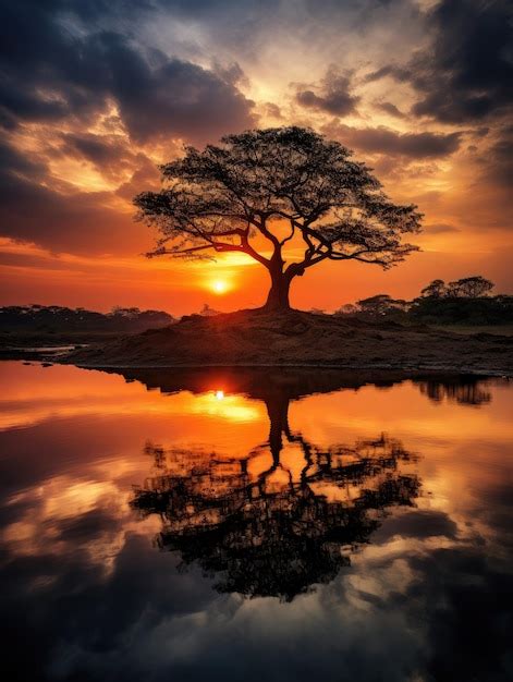 Premium AI Image | amazing sunset with tree silhouette in the middle of ...