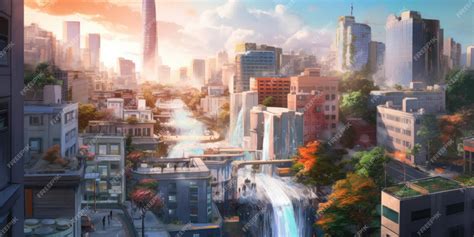 Premium AI Image | A city with a waterfall and a building in the background