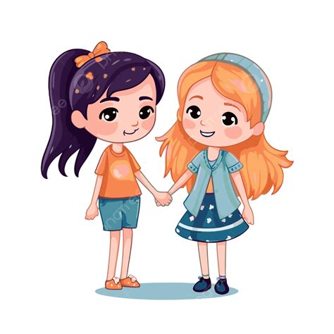 Bff Clipart Dua Teman Gadis Kecil Berpegangan Tangan Vektor Ilustrasi Kartun, Bff, Clipart ...